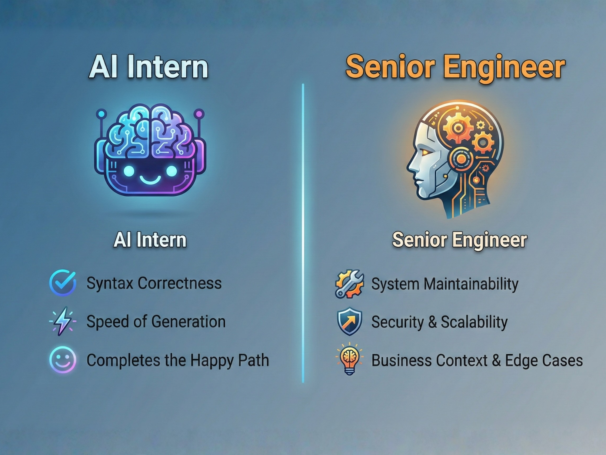 Comparison infographic titled 'The Infinite Intern Problem'. Left side shows 'AI Intern' traits: Syntax Correctness, Speed of Generation, and Happy Path completion. Right side shows 'Senior Engineer' traits: System Maintainability, Security & Scalability, and Business Context.