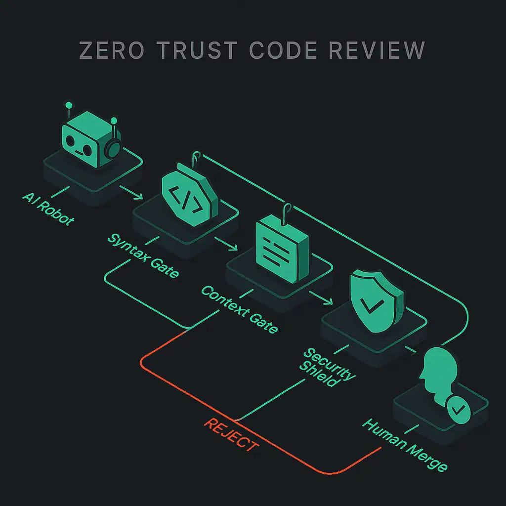 Isometric flowchart diagram titled 'Zero Trust Code Review'. It visualizes a pipeline where 'AI Robot' input flows through a 'Syntax Gate', 'Context Gate', and 'Security Shield'. Successful code flows to 'Human Merge', while failing code follows a red path to 'REJECT'