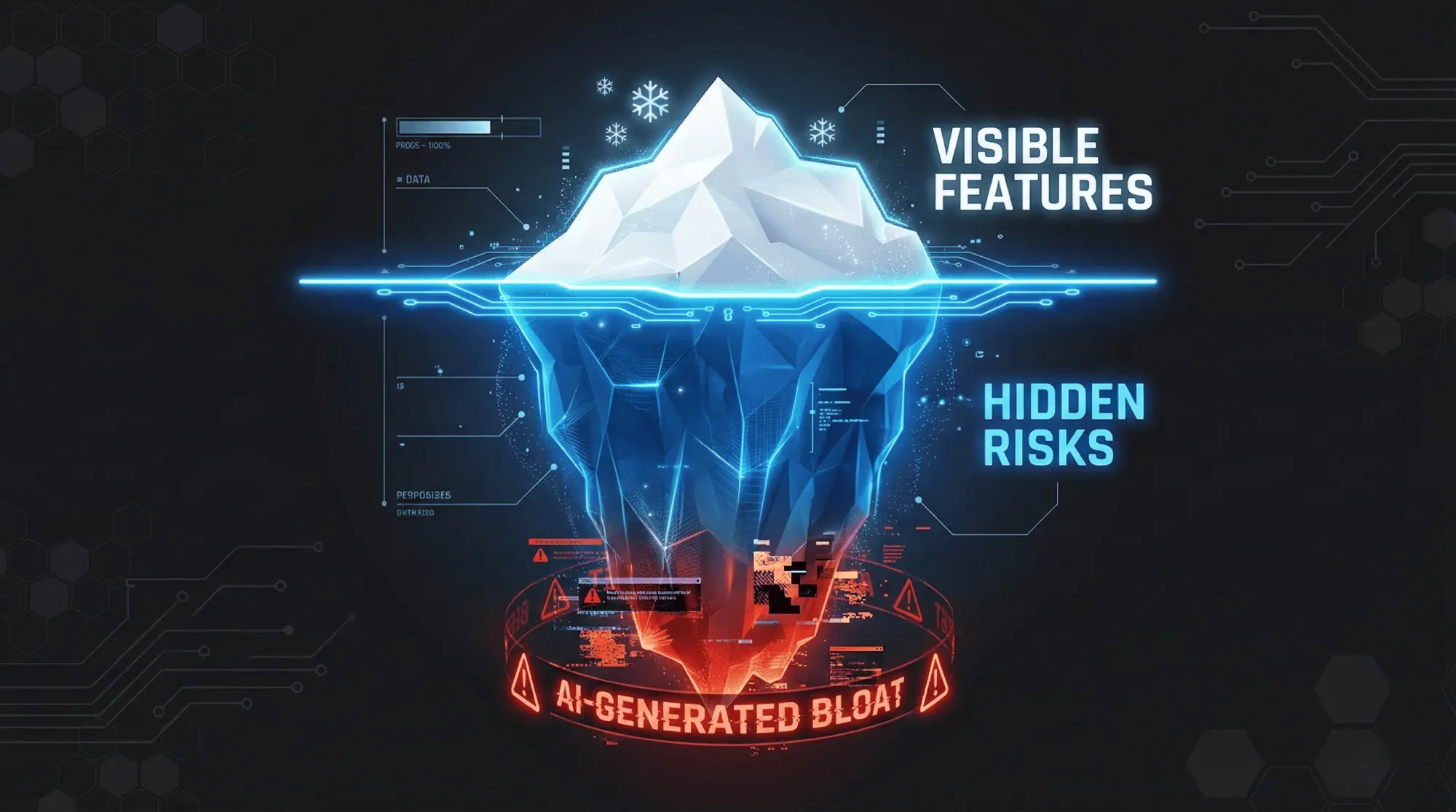 Iceberg infographic showing 'Visible Features' above water, standard 'Hidden Risks' like technical debt underwater, and a deep glowing red section at the bottom labeled 'AI-Generated Bloat' containing hallucinations and model drift.