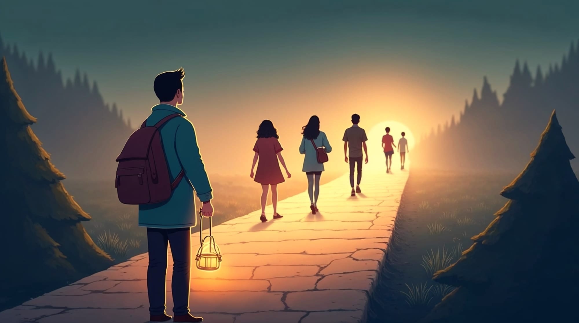 Illustration of a person holding a lantern, standing on a path as a diverse group of people walks ahead into a glowing horizon, symbolizing leadership as quiet guidance and support.