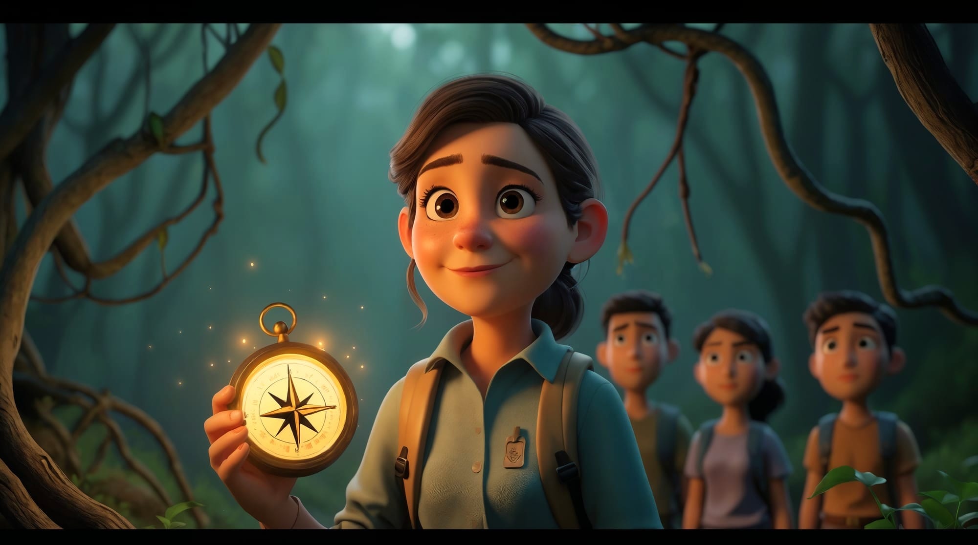 Cartoon-style woman in a forest holding a glowing compass, standing confidently in front of her team as they prepare to move forward.