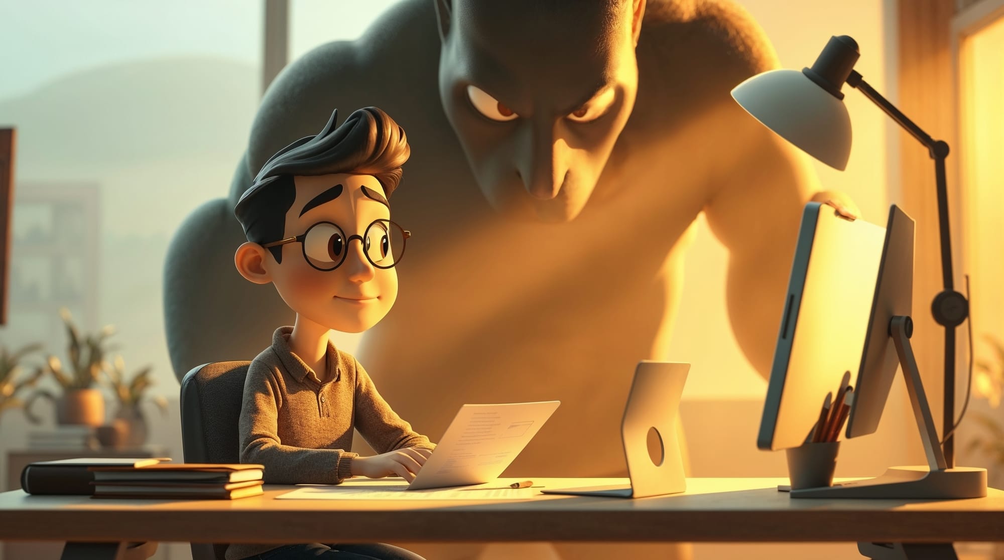 Young worker at laptop with large shadow looming overhead