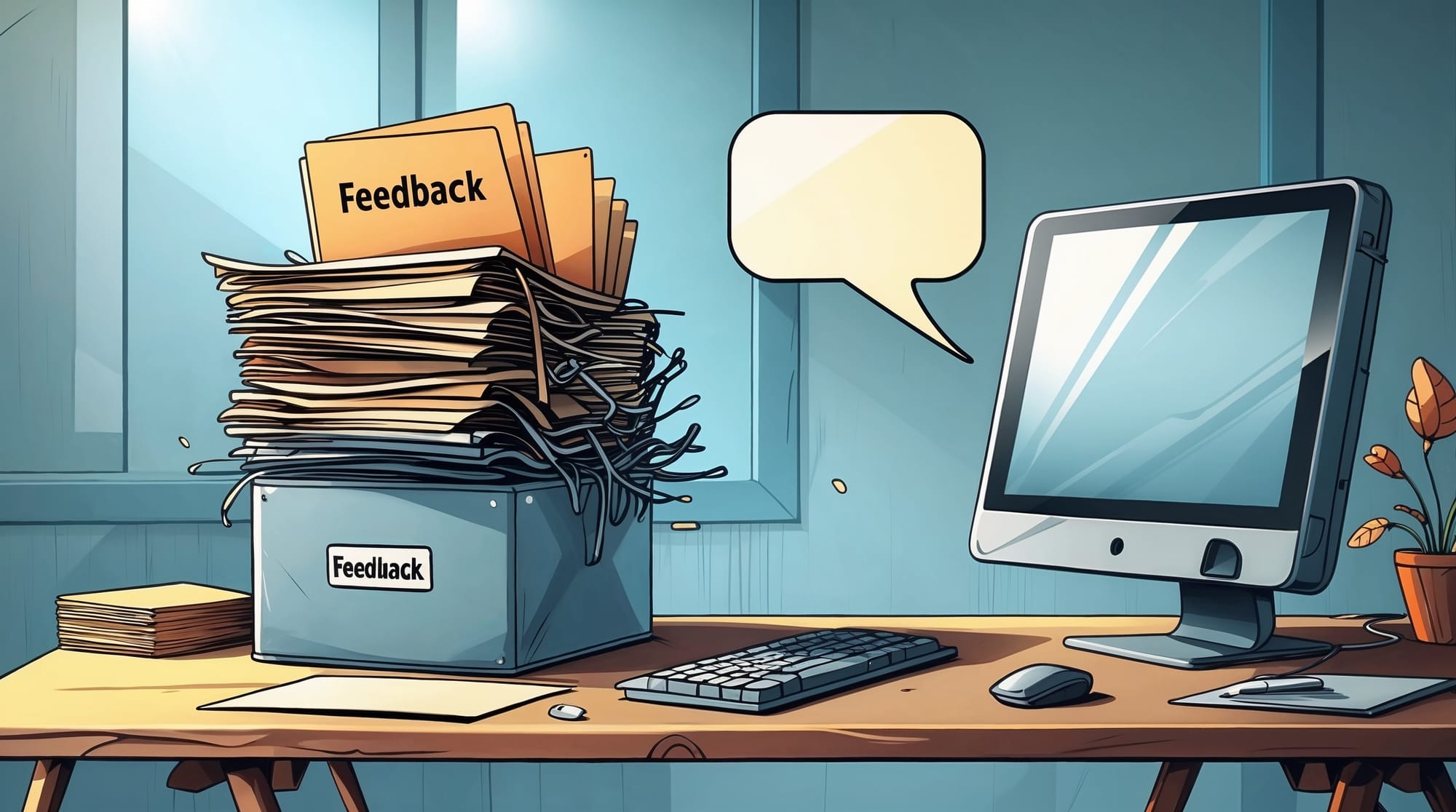 Cartoon office scene with a feedback tray overflowing with folders beside a computer displaying an empty speech bubble, symbolizing delayed communication.