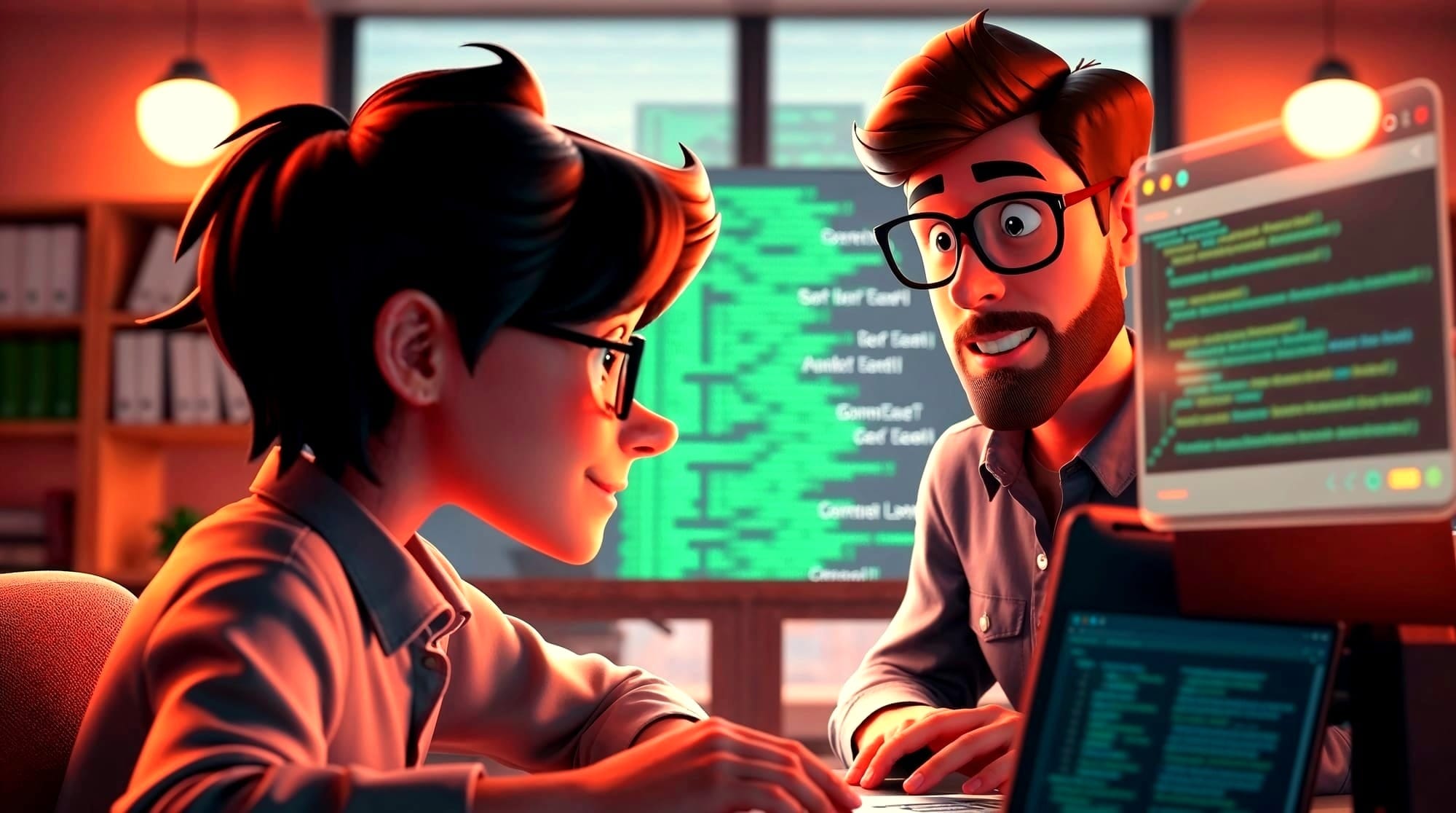 A junior developer at their desk receiving help from a senior developer explaining code on multiple monitors in a warm-lit office setting