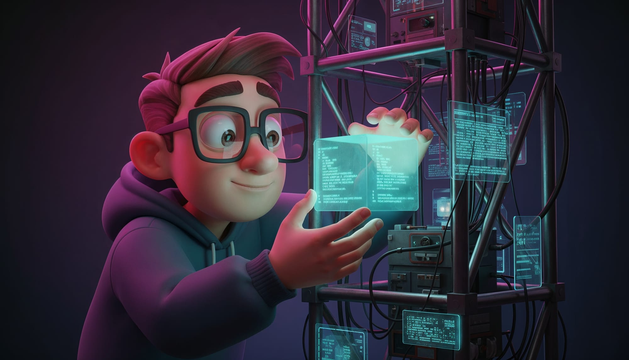 A stylized 3D developer in a hoodie and glasses smiles as he examines a glowing, holographic cube of code in his hands, surrounded by complex servers and wires.
