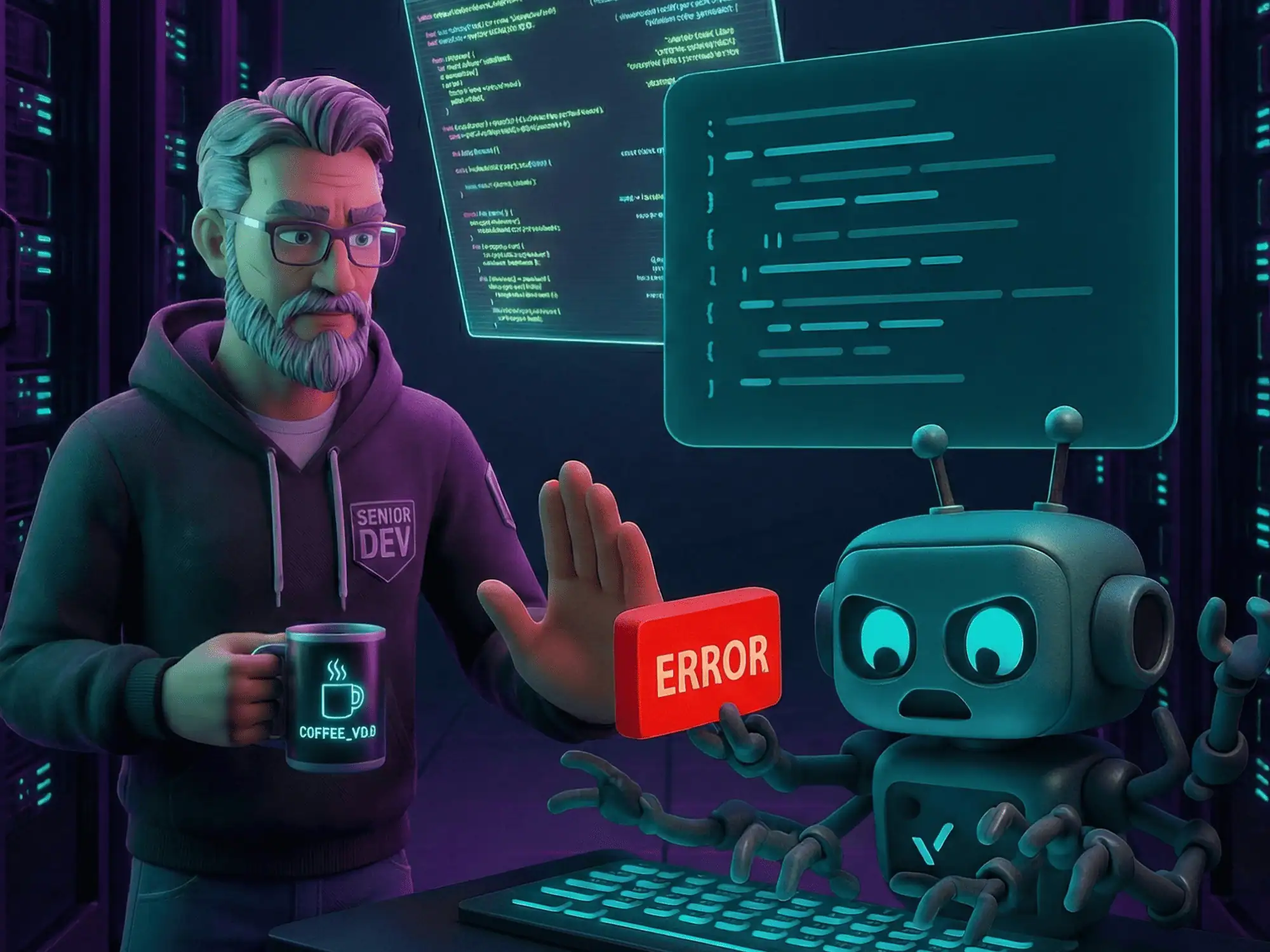 A 3D illustration of a senior developer calmly blocking a frantic multi-armed robot from pushing a large red "ERROR" button in a server room.