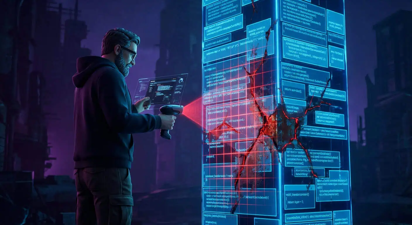 Software Engineer using a scanner to inspect a monolith of blocks. The scanner's red laser beam reveals hidden cracks, rust, and internal decay beneath the surfacein AI-generated code.