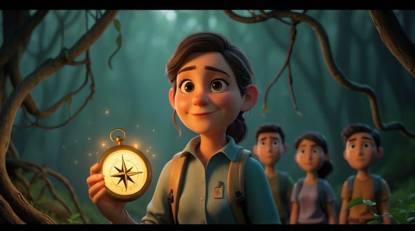Cartoon-style woman in a forest holding a glowing compass, standing confidently in front of her team as they prepare to move forward.