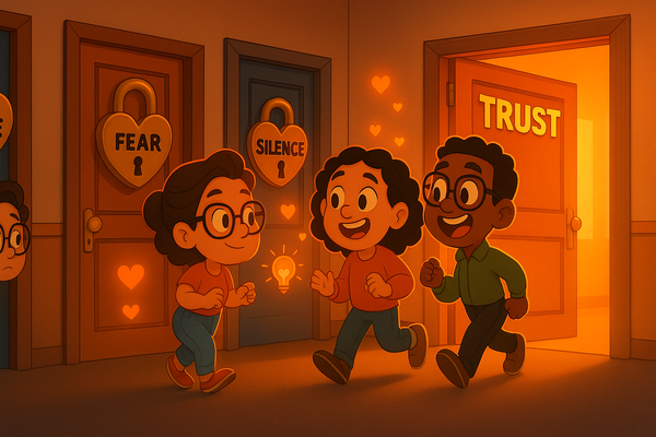 Cartoon hallway with locked doors labeled “Blame,” “Fear,” and “Silence,” and an open, glowing door labeled “Trust” with people walking toward it.