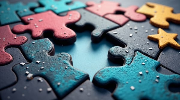 A close-up of a colorful puzzle with a single central piece missing, symbolizing the critical context often absent in team communication.