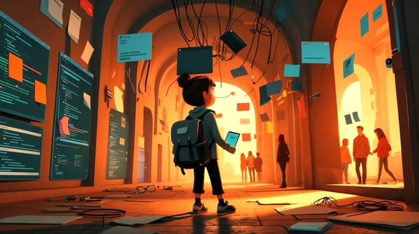Person with backpack stands in hallway of code and floating notes.