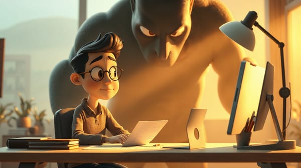 Young worker at laptop with large shadow looming overhead