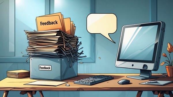 Cartoon office scene with a feedback tray overflowing with folders beside a computer displaying an empty speech bubble, symbolizing delayed communication.
