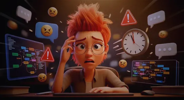 Young developer juggling multiple tasks, illustrating context switching challenges.