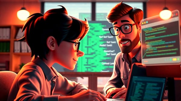 A junior developer at their desk receiving help from a senior developer explaining code on multiple monitors in a warm-lit office setting