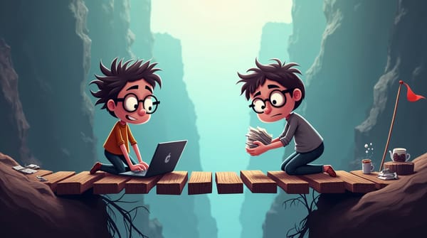 Cartoon illustration of two characters separated by a broken bridge - a developer with laptop on one side, a frustrated user gesturing on the other side.