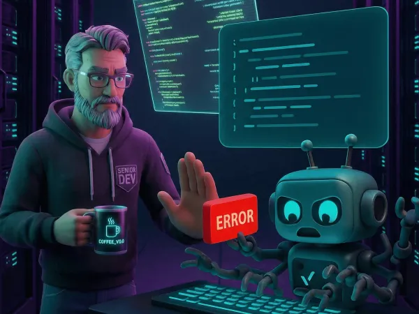 A 3D illustration of a senior developer calmly blocking a frantic multi-armed robot from pushing a large red "ERROR" button in a server room.